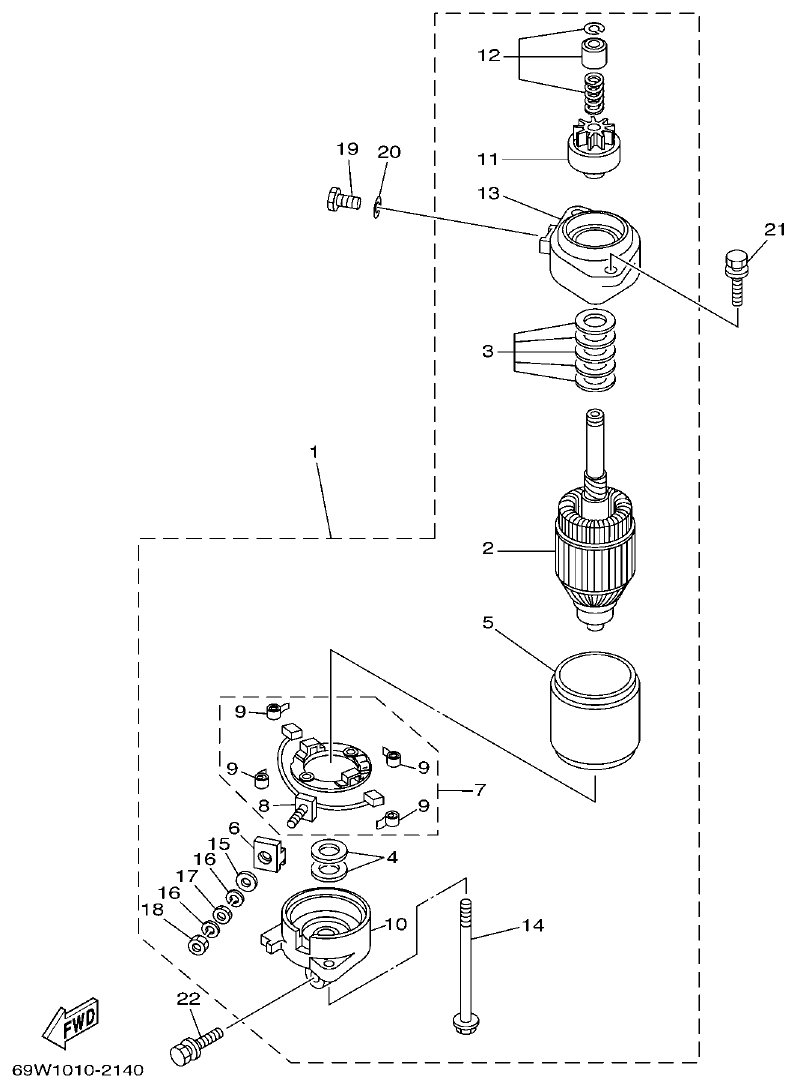 Yamaha F50A, FT50B STARTING MOTOR parts diagram